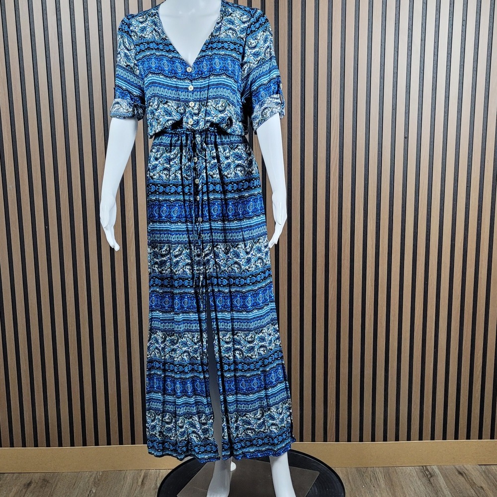 Paisley Geometric Blue Boho Button Front V-Neck Maxi Dress XL